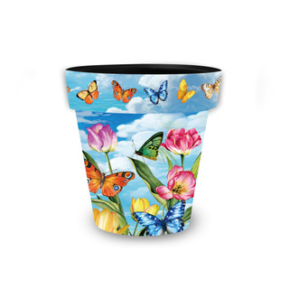 Sunshine Butterflies Small Planter with colorful butterflies, flowers, and blue sky design on ceramic material.