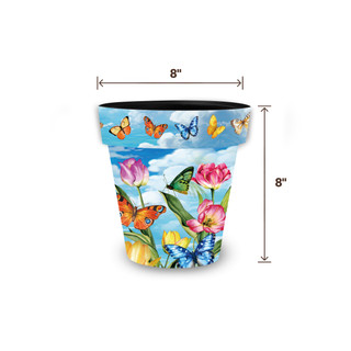 Sunshine Butterflies Small Planter, 8" tall, 8" wide, colorful floral butterfly design on white background.