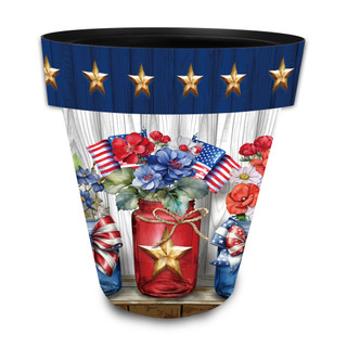 American Flowers Large Planter with patriotic design, stars, flowers, and flags on a white background.