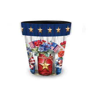 American Flowers Small Planter with patriotic design, blue, red, gold stars, and floral pattern.