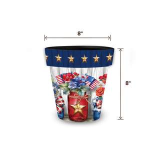 American Flowers Small Planter, 8" tall, 8" wide, patriotic design with stars, flowers, and flags.