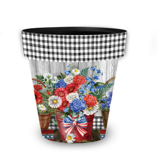 Red White and Beautiful Planter with black and white gingham trim and patriotic floral design.