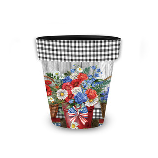 Small Red White and Beautiful Planter with black gingham and floral design on white background.