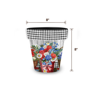 Red White and Beautiful Small Planter, 8" tall and wide, black and white gingham trim.