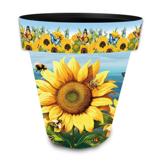 Sunflower Dance Large Planter with vibrant yellow sunflower, butterflies, and bees on a blue background.