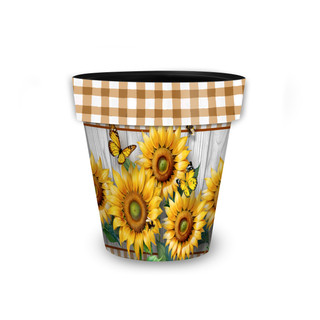 Sunflower Duo Small Planter with gingham rim and vibrant yellow sunflowers and butterfly design.