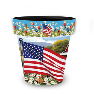 American Flower Field Medium Planter with patriotic floral design and American flag on white background.
