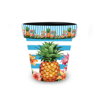 Pineapple and Stripes Small Planter with blue stripes, pineapple and tropical floral design on white background.