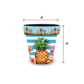 Pineapple and Stripes Small Planter, 8" tall, featuring pineapple, fish, and floral design on blue stripes.