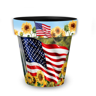American Sunflowers Medium Planter with USA flag and sunflowers design on white background.