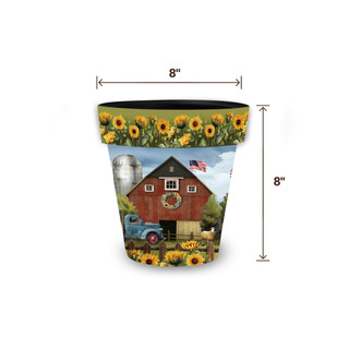 Sunflower Barn Small Planter, 8" tall and wide, with a red barn and sunflower design.