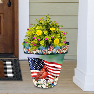 American Cardinal Large Planter with vibrant flowers, patriotic design, and red cardinal on American flag.
