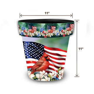American Cardinal Medium Planter, 11 inches tall and wide, with patriotic and floral design.