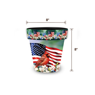 American Cardinal Small Planter, 8" tall, 8" wide, patriotic design with cardinal and American flag.