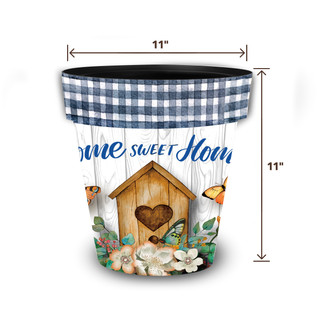 Country Home Sweet Home medium planter with blue gingham trim and floral design on white background.