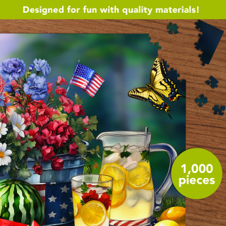 American Lemonade 1000 Piece Jigsaw Puzzle with floral arrangement, lemonade, and American flag motifs.
