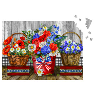 Red White and Beautiful 1000 piece jigsaw puzzle with floral baskets and patriotic colors on wood.
