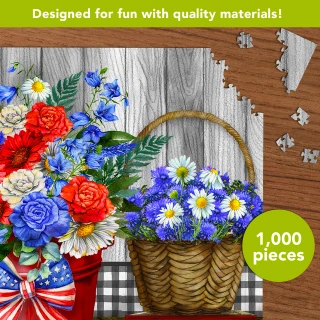 Red White and Beautiful 1000 Piece Jigsaw Puzzle with floral design and patriot theme.