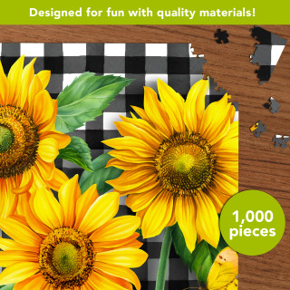 Checkered sunflowers 1000 piece jigsaw puzzle with yellow flowers on a wooden table surface partially assembled.