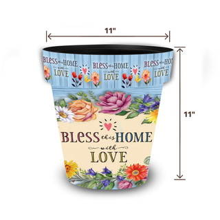 Bless This Home planter, 11" tall, colorful floral design with inspirational quote on ceramic medium pot.