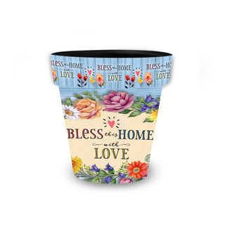 Bless This Home With Love small planter with colorful floral design and inspirational quote on cream background.