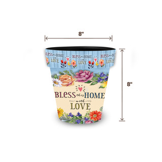 Bless This Home With Love small planter, 8" tall, colorful floral design, inspirational quote.