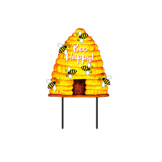 Bee Happy Hive Metal Art with yellow beehive, bees, and "Bee Happy!" text on stake.
