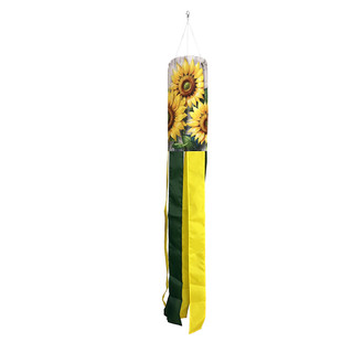 Sunflower Duo Windsock Wind Twister with green and yellow ribbons on white background hanging freely.