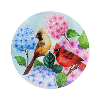 Perched Cardinals Glass Birdbath with colorful hydrangeas and two cardinals on a decorative plate design.
