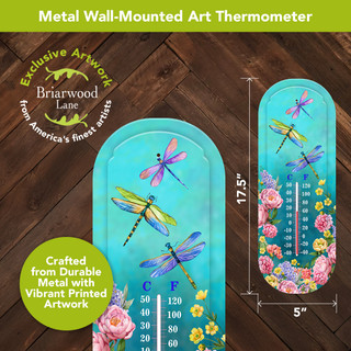 Dragonfly Garden Metal Thermometer, vibrant metal wall art with colorful dragonflies and flowers, 5" x 17.5".