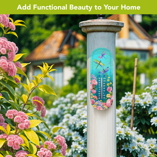 Dragonfly Garden Metal Thermometer with colorful dragonflies and pink flowers on a garden post outdoors.