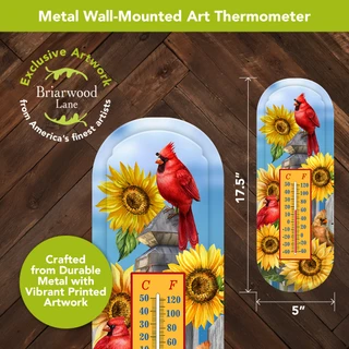Cardinals and Sunflowers Metal Thermometer, red birds, sunflowers on durable metal, wall-mounted art.