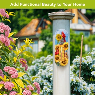 Cardinals and Sunflowers metal garden thermometer with colorful design featuring cardinals and sunflowers on white pole.