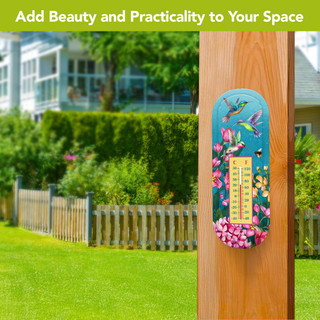 Springtime Hummingbirds Metal Thermometer mounted on wood, featuring colorful hummingbirds, flowers, and temperature gauge.