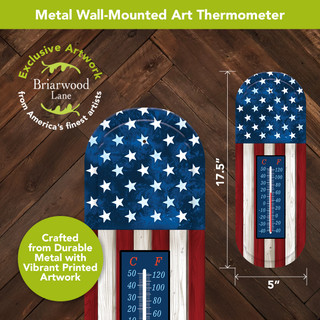 Wooden Flag Metal Thermometer, wall-mounted, 5" x 17.5", with vibrant American flag design and temperature gauge.