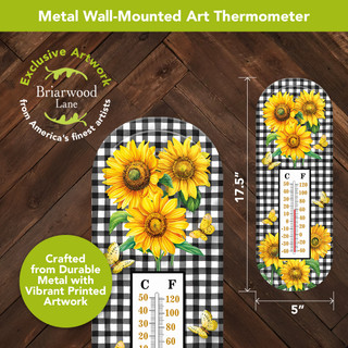 Checkered sunflowers metal thermometer, black and white checkered, yellow sunflowers, wall-mounted, 5" x 17.5".