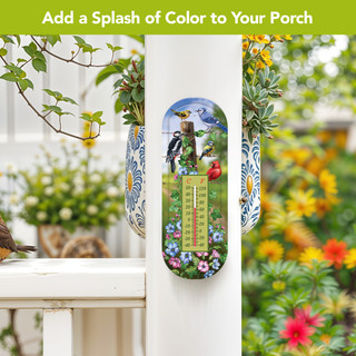 Country Birds Metal Thermometer with colorful bird design and floral pattern on a white porch post.