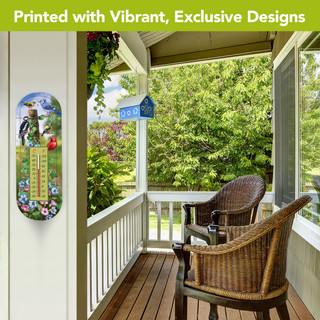 Country Birds Metal Thermometer mounted on a porch wall with colorful floral design and temperature gauge.
