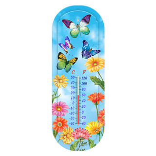 Fluttering Butterflies Metal Thermometer with colorful butterflies and flowers on a blue background with temperature scale.