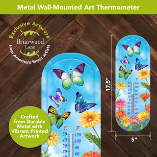 Vibrant metal thermometer with colorful butterflies and flowers, 5" x 17.5", Briarwood Lane art.