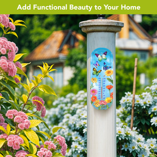 Fluttering Butterflies Metal Thermometer mounted on post with colorful flowers and butterflies design.