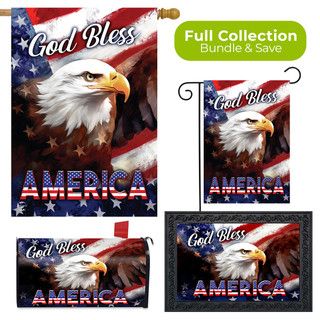 God Bless America Eagle Collection garden flags and yard sign with American flag and eagle designs.
