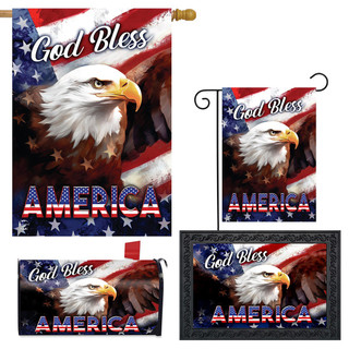 God Bless America Eagle Collection garden flags with patriotic American eagle design in various sizes.