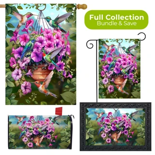 Hummingbirds and Petunias Collection garden flag, doormat, and mailbox cover with colorful purple flowers design.