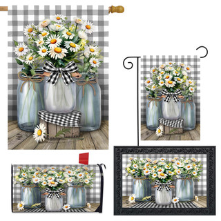 Farmhouse Jars Collection garden flags and decor with daisies on grey checkered background.