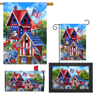 Home of the Free Birdhouses Collection garden flags and yard sign with patriotic birdhouse design.