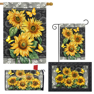 Elegant Sunflowers Collection garden flag, mailbox cover, and yard sign with bright yellow sunflowers and butterflies.