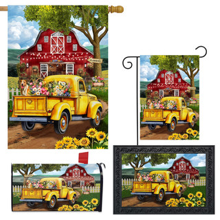 Yellow truck with flowers, red barn, garden flags, Flower Farm Truck Collection outdoor decor set.