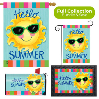 Hello Sun Summer Collection garden flags and pillow with smiling sun wearing sunglasses colorful designs.