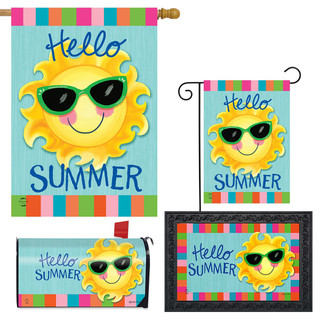 Hello Sun Summer Collection garden flags and decor with smiling sun wearing sunglasses on colorful background.
